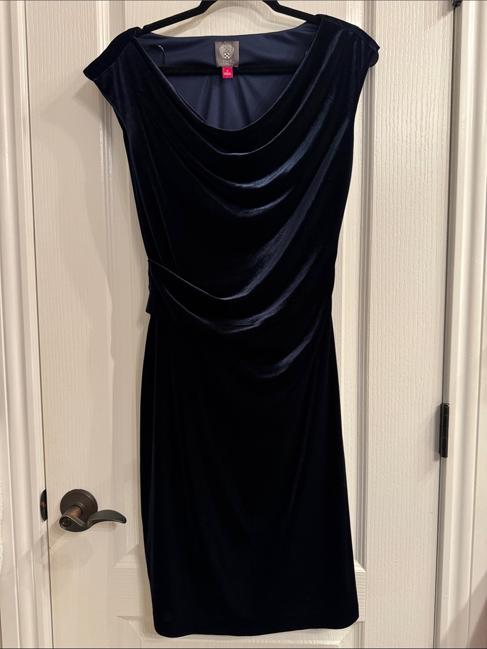 Vince Camuto Midnight Blue Velvet Draped Midi Dress